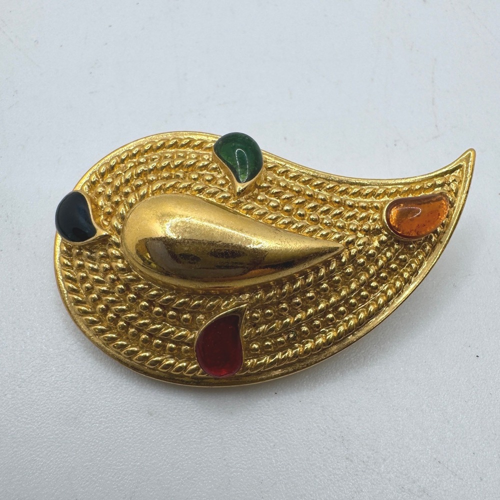 Vintage Gold Tone Paisley Brooch Colorful Teardrop Cabochon Textured Pin